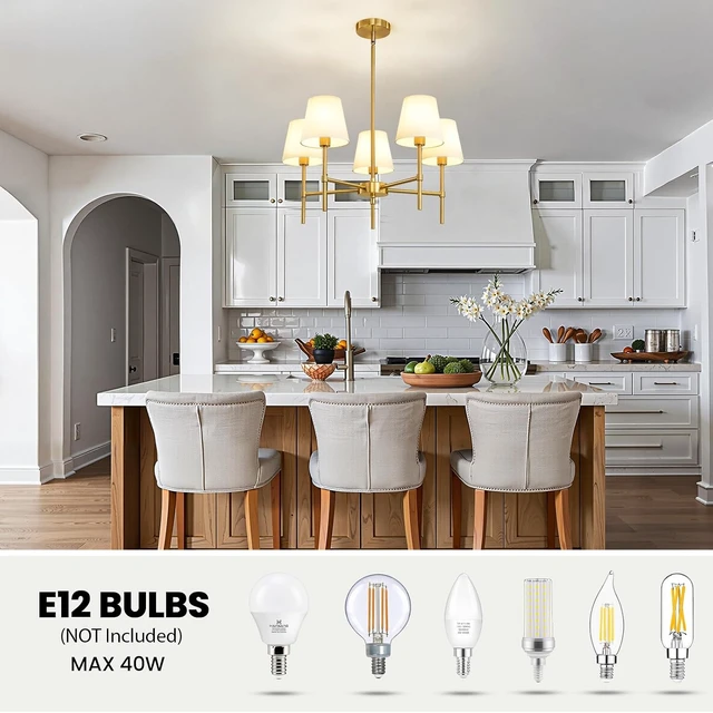 Alt view image 5 of 7 - RUIYEY Dining Room Chandeliers Light - 5-Light Gold Modern Chandeliers Light Fixtures with White Fabric Shade, Height Adjustable Pendant Island Light for Entryway Farmhouse