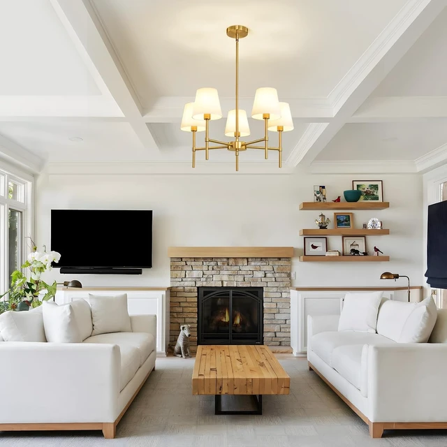 Alt view image 6 of 7 - RUIYEY Dining Room Chandeliers Light - 5-Light Gold Modern Chandeliers Light Fixtures with White Fabric Shade, Height Adjustable Pendant Island Light for Entryway Farmhouse