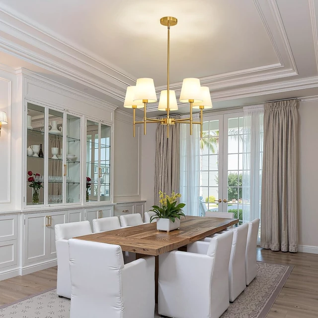 Alt view image 7 of 7 - RUIYEY Dining Room Chandeliers Light - 5-Light Gold Modern Chandeliers Light Fixtures with White Fabric Shade, Height Adjustable Pendant Island Light for Entryway Farmhouse