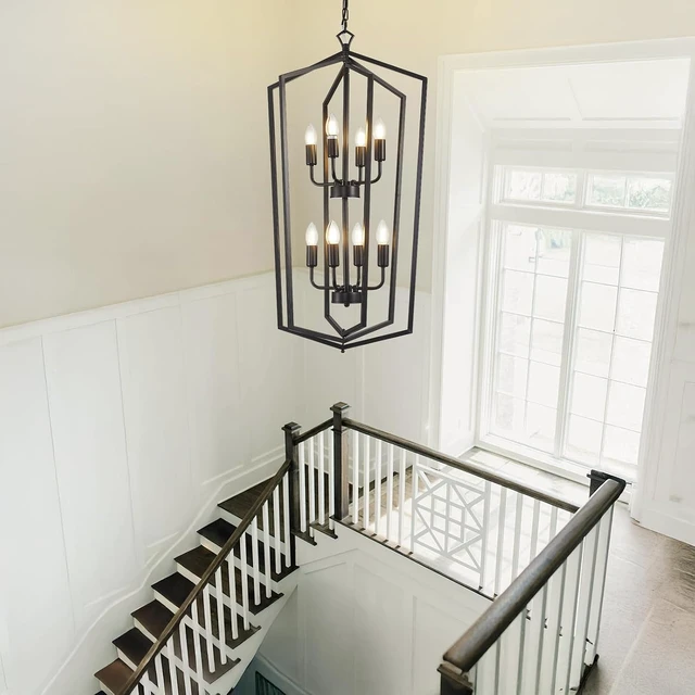 Alt view image 4 of 6 - WJShome Black Chandelier, 8-Light Tiered Lantern Pendant Light, Modern Farmhouse Foyer Lighting Fixtures, Large Chandeliers for High Ceilings, for Foyer, Staircase, Entryway