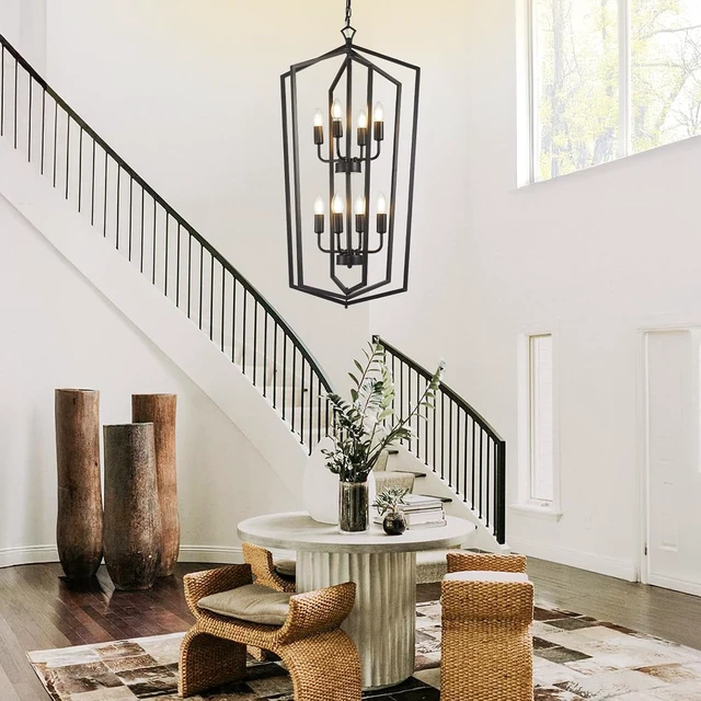 Alt view image 5 of 6 - WJShome Black Chandelier, 8-Light Tiered Lantern Pendant Light, Modern Farmhouse Foyer Lighting Fixtures, Large Chandeliers for High Ceilings, for Foyer, Staircase, Entryway