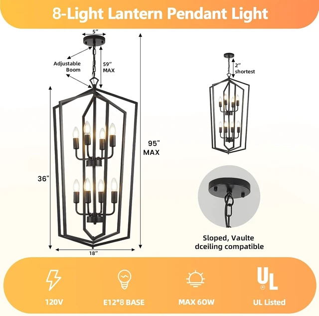 Alt view image 3 of 6 - WJShome Black Chandelier, 8-Light Tiered Lantern Pendant Light, Modern Farmhouse Foyer Lighting Fixtures, Large Chandeliers for High Ceilings, for Foyer, Staircase, Entryway