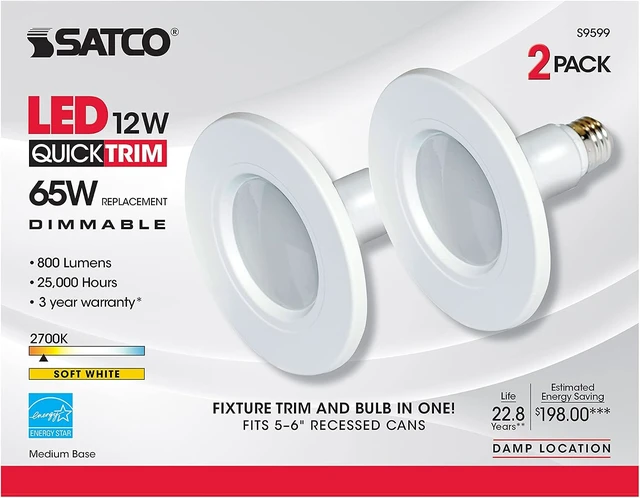 Alt view image 6 of 6 - Satco S9599 LED LightBulb, 12W, 5-6" Trim, Downlight Retrofit, Long Life up to 25000 Hours, 2700 Kelvin Temp, Warm White Color, MOD 8-1/4", 6" MOL, Dimmable, Medium E26 Base, Pack of 2