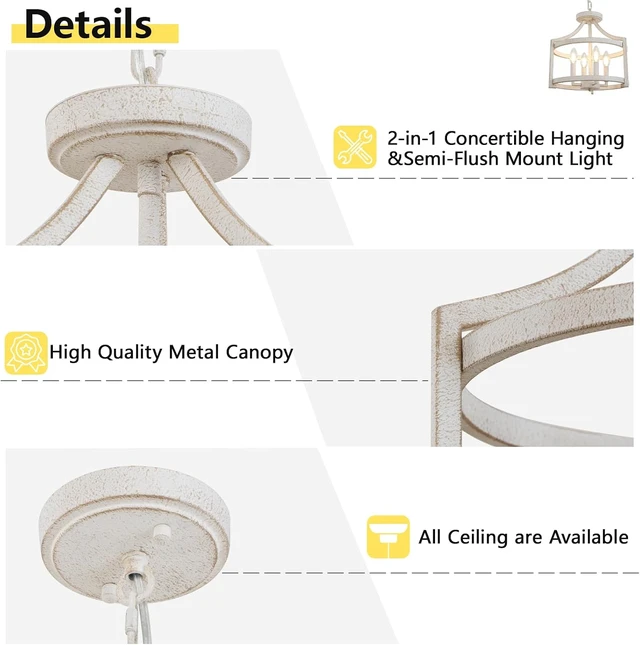 Alt view image 3 of 7 - 4-Light Farmhouse Chandelier, Rustic Semi Flush Mount Ceiling Light