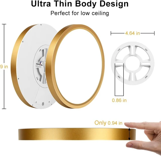 Alt view image 5 of 7 - 9 Inch Gold LED Flush Mount Ceiling Light, 5000K Daylight White Low Profile LED Ceiling Light, 18W 1800LM, Round Slim Flat Ceiling Lights Fixture for Closets Bedroom Hallway Stairwells Porch