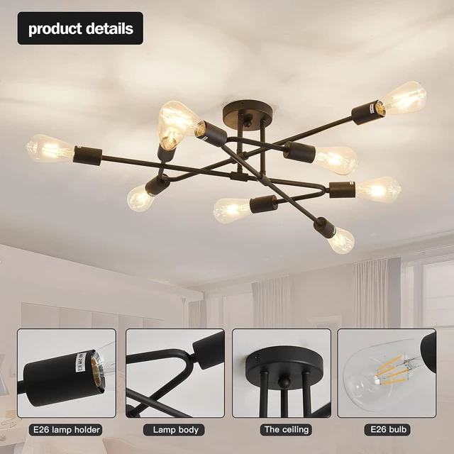Alt view image 3 of 7 - ZGLAOJT Black Semi Flush Mount Ceiling Light Fixture9 Light Modern Metal ChandelierCeiling Light for Kitchen Farmhouse Island Dining Room Bedroom