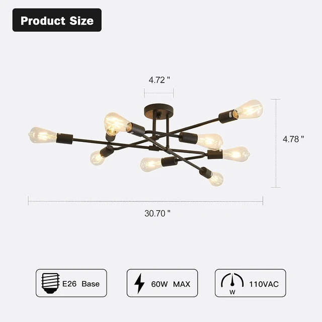 Alt view image 2 of 7 - ZGLAOJT Black Semi Flush Mount Ceiling Light Fixture9 Light Modern Metal ChandelierCeiling Light for Kitchen Farmhouse Island Dining Room Bedroom