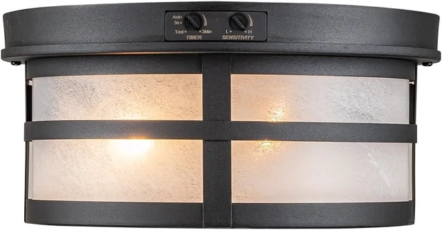 Alt view image 4 of 7 - Motion Sensor Outdoor Ceiling Light, Flush Mount Front Porch Light with Adjustable Sensor 2-Light Black Outdoor Light Fixture Ceiling Mount with Frosted Glass for Garage, Patio