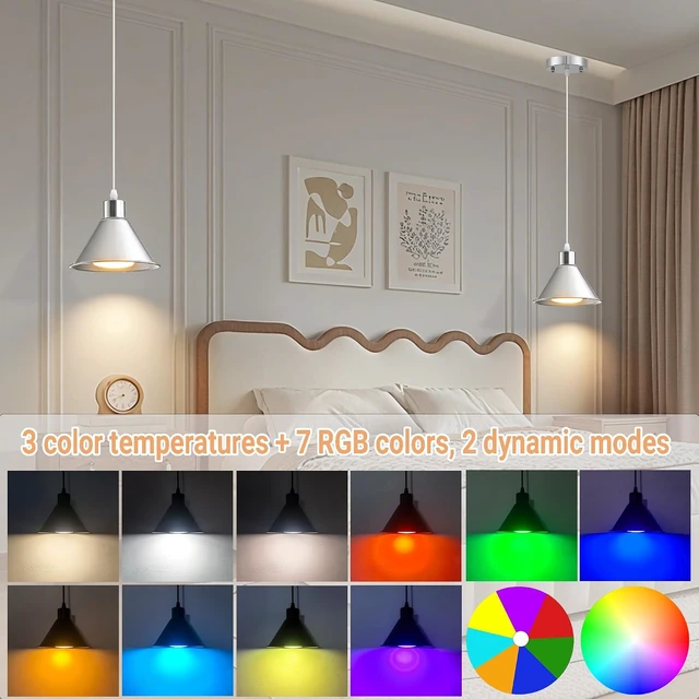 Alt view image 3 of 7 - Battery Operated Pendant Light Set of 2, RGB Color Changing Rechargeable Hanging Light with Remote Up to 50 Hours Use, Vintage Pendant Light No Wiring for Bedroom Living Room(Nickel)