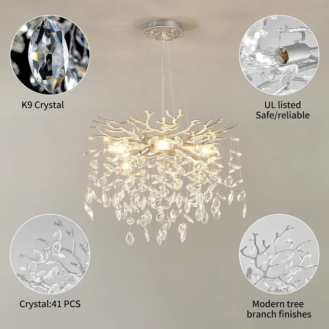 Alt view image 4 of 7 - EGM 18" Modern Tree Branch Chandelier 6-Light Silver Crystal Chandeliers