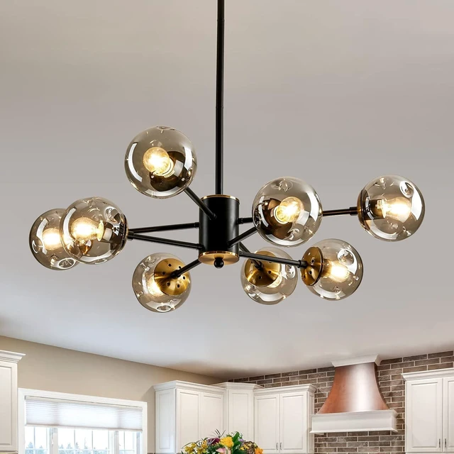 Main image of 8-Light Glass Globe Sputnik Chandelier Matte Black and Gold Mid Century Modern Ceiling Light Fixture Adjustable Vintage Hanging Pendant Lighting for Dining Room Kitchen Bedroom Farmhouse