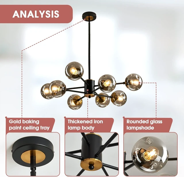 Alt view image 3 of 7 - 8-Light Glass Globe Sputnik Chandelier Matte Black and Gold Mid Century Modern Ceiling Light Fixture Adjustable Vintage Hanging Pendant Lighting for Dining Room Kitchen Bedroom Farmhouse