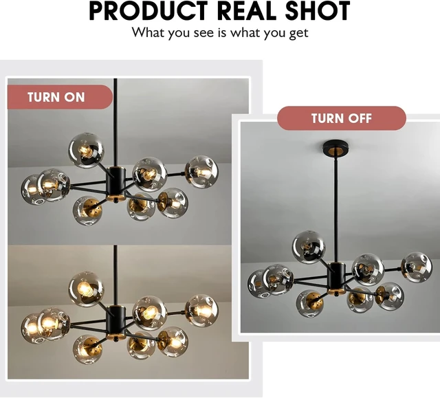 Alt view image 4 of 7 - 8-Light Glass Globe Sputnik Chandelier Matte Black and Gold Mid Century Modern Ceiling Light Fixture Adjustable Vintage Hanging Pendant Lighting for Dining Room Kitchen Bedroom Farmhouse
