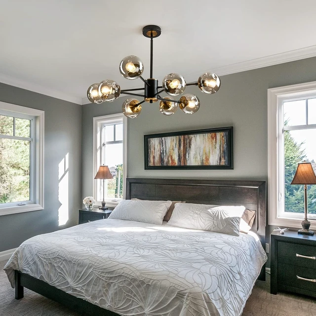 Alt view image 6 of 7 - 8-Light Glass Globe Sputnik Chandelier Matte Black and Gold Mid Century Modern Ceiling Light Fixture Adjustable Vintage Hanging Pendant Lighting for Dining Room Kitchen Bedroom Farmhouse