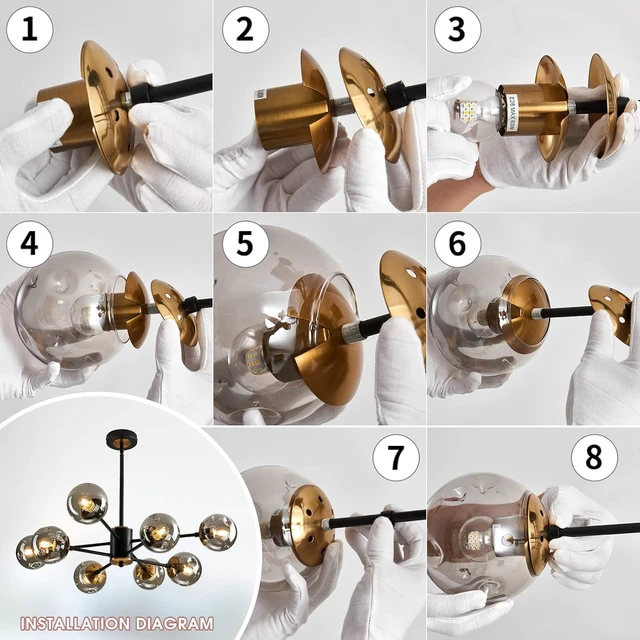 Alt view image 5 of 7 - 8-Light Glass Globe Sputnik Chandelier Matte Black and Gold Mid Century Modern Ceiling Light Fixture Adjustable Vintage Hanging Pendant Lighting for Dining Room Kitchen Bedroom Farmhouse