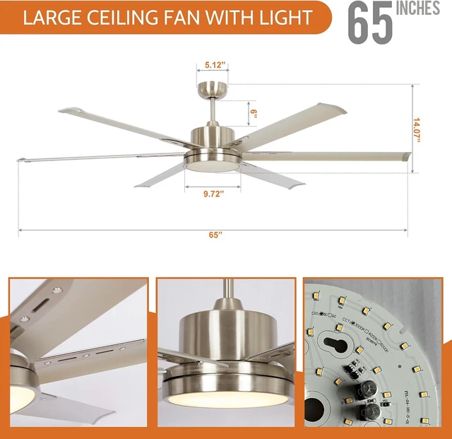 Alt view image 5 of 7 - Industrial Ceiling Fans with Lights and Remote, 65 Inch Large Ceiling Fan