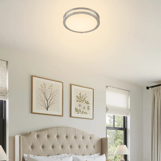 Alt view image 7 of 7 - 12 Inch LED Double Ring Flush Mount Light, 4000K Neutral White Light, 20W Dimmable Ceiling Lighting Fixture, Brushed Nickel Finish, Indoor Home Use for Entryway Hallway Closet