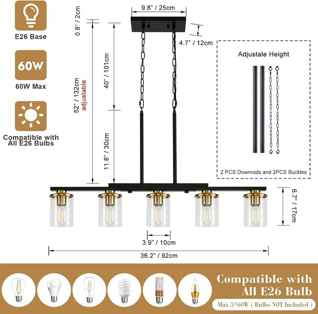 Alt view image 2 of 7 - 5-Light Dining Room Light Fixture,Farmhouse Chandelier & Clear Glass