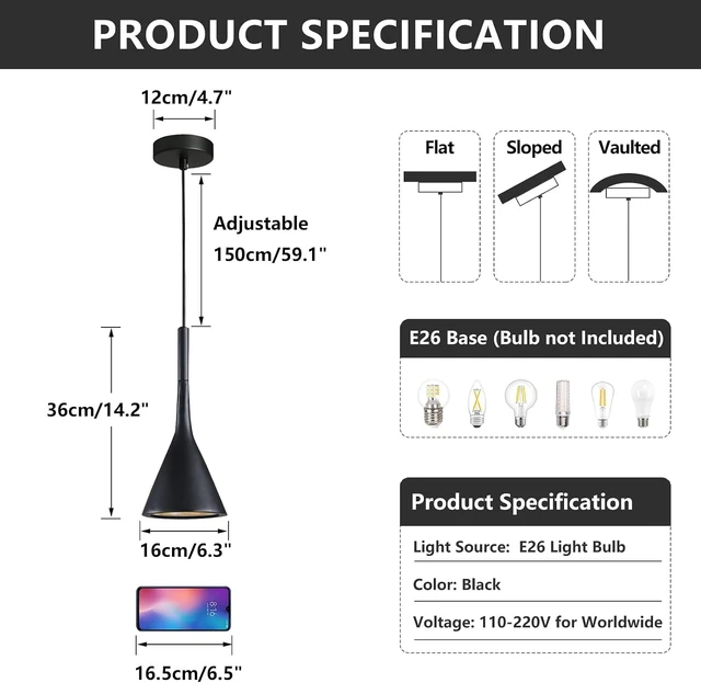 Alt view image 2 of 7 - KCO Small Farmhouse Matte Black Cone Metal Pendant Lights Kitchen Island