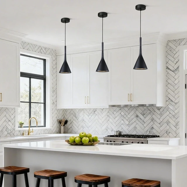 Alt view image 5 of 7 - KCO Small Farmhouse Matte Black Cone Metal Pendant Lights Kitchen Island