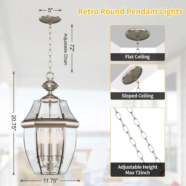 Alt view image 3 of 7 - Large Outdoor Pendant Light Fixture 3-Light, 20in Modern Silver Outdoor Chandelier Hanging Porch Light, Metal Exterior Ceiling Mount Hanging Lantern with Clear Glass for Front Door, Entrance, Gazebo