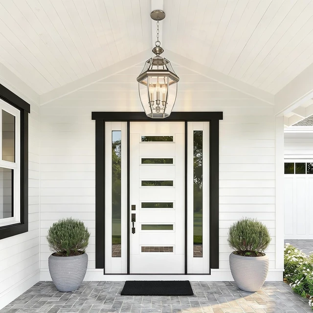 Alt view image 5 of 7 - Large Outdoor Pendant Light Fixture 3-Light, 20in Modern Silver Outdoor Chandelier Hanging Porch Light, Metal Exterior Ceiling Mount Hanging Lantern with Clear Glass for Front Door, Entrance, Gazebo