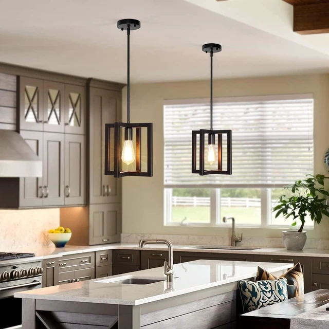 Alt view image 2 of 6 - Modern Pendant Lighting for Kitchen Island 1-Light Farmhouse Black Light Fixtures Hanging Adjustable Small Square Chandeliers Ceiling for Dining Room Entryway Hallway