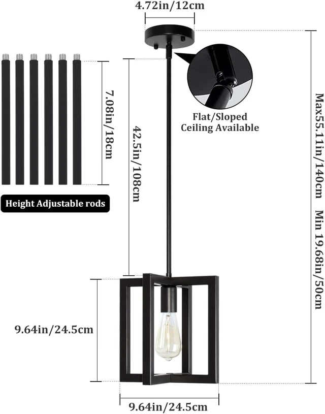 Alt view image 5 of 6 - Modern Pendant Lighting for Kitchen Island 1-Light Farmhouse Black Light Fixtures Hanging Adjustable Small Square Chandeliers Ceiling for Dining Room Entryway Hallway