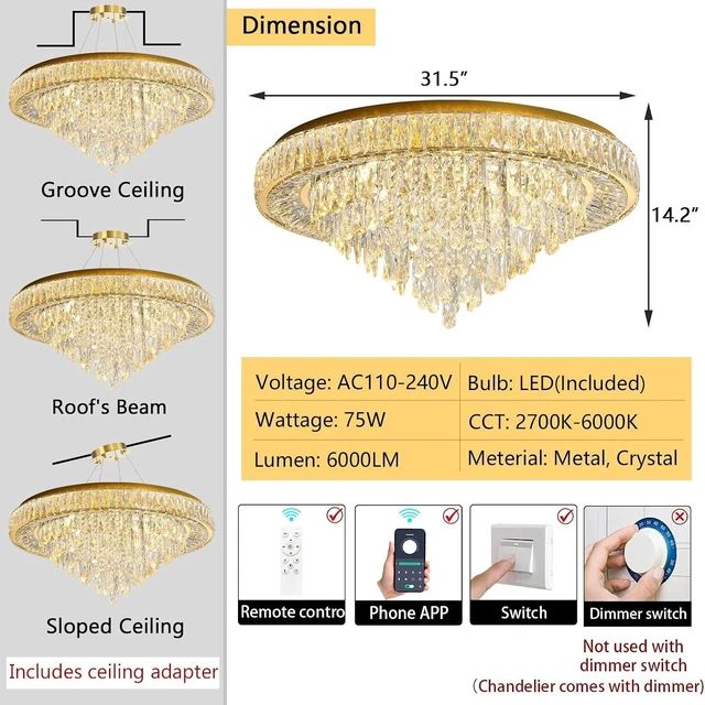 Alt view image 2 of 6 - Modern Crystal Chandeliers for Living Room Ceiling Light Fixture LED Dimmable Lamp with Remote Pendant Lighting Flush Mount Ceiling Light for Dining Room Bedrooms Foyer