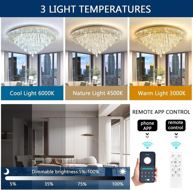 Alt view image 3 of 6 - Modern Crystal Chandeliers for Living Room Ceiling Light Fixture LED Dimmable Lamp with Remote Pendant Lighting Flush Mount Ceiling Light for Dining Room Bedrooms Foyer