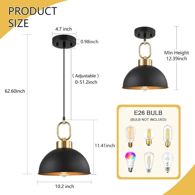 Alt view image 6 of 7 - Black and Gold Pendant Lights Kitchen Island, Single Dome Pendant Light