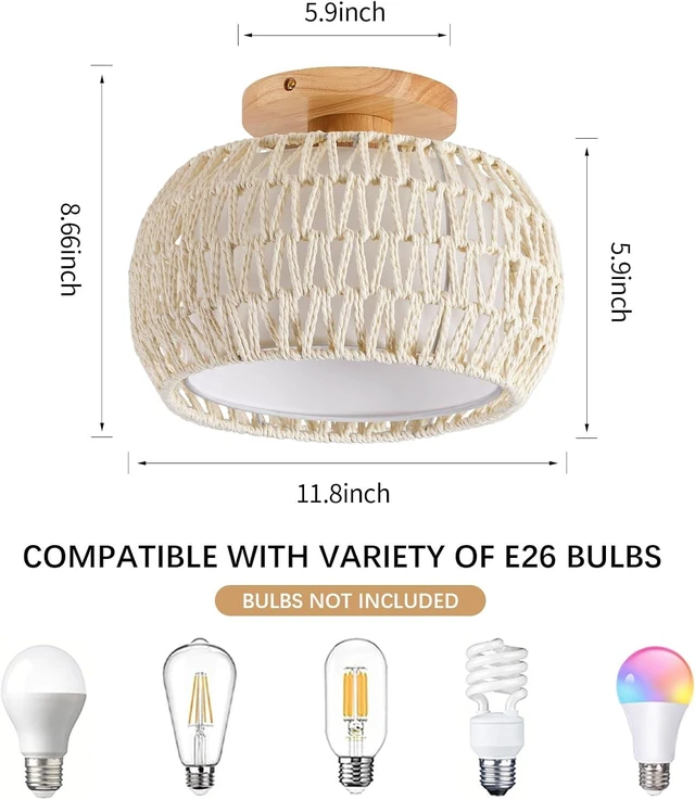 Alt view image 3 of 7 - Rattan Boho Flush Mount Ceiling Light - 12 Bohemian Wicker Light Fixtures