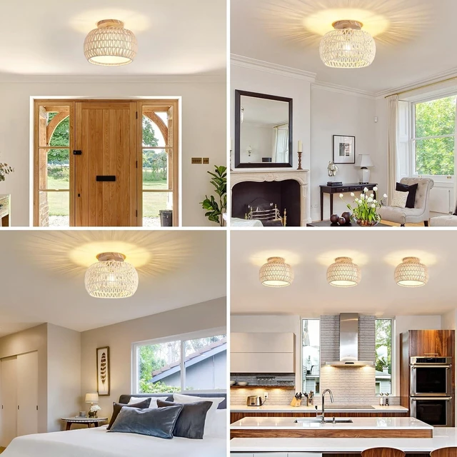 Alt view image 4 of 7 - Rattan Boho Flush Mount Ceiling Light - 12 Bohemian Wicker Light Fixtures