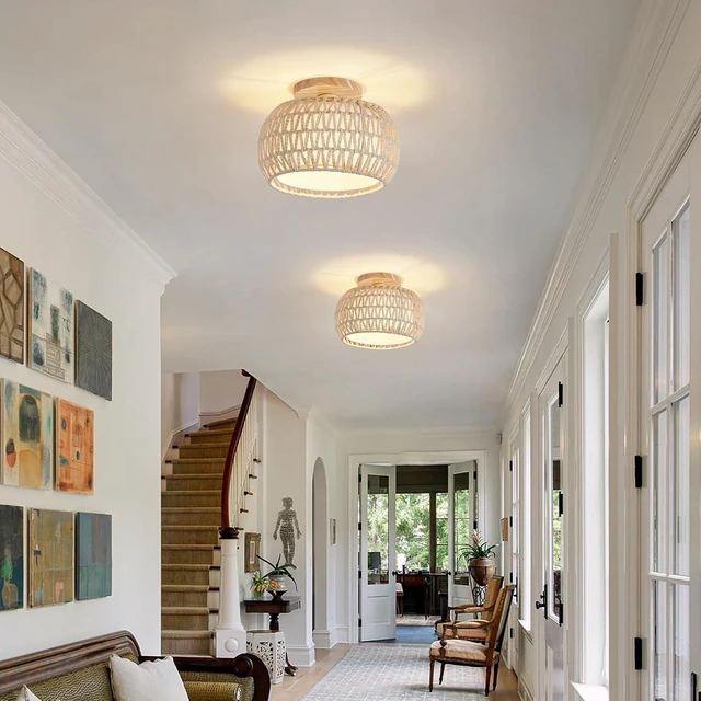 Alt view image 6 of 7 - Rattan Boho Flush Mount Ceiling Light - 12 Bohemian Wicker Light Fixtures