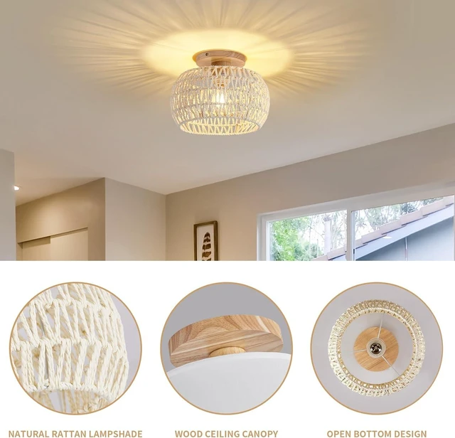 Alt view image 7 of 7 - Rattan Boho Flush Mount Ceiling Light - 12 Bohemian Wicker Light Fixtures