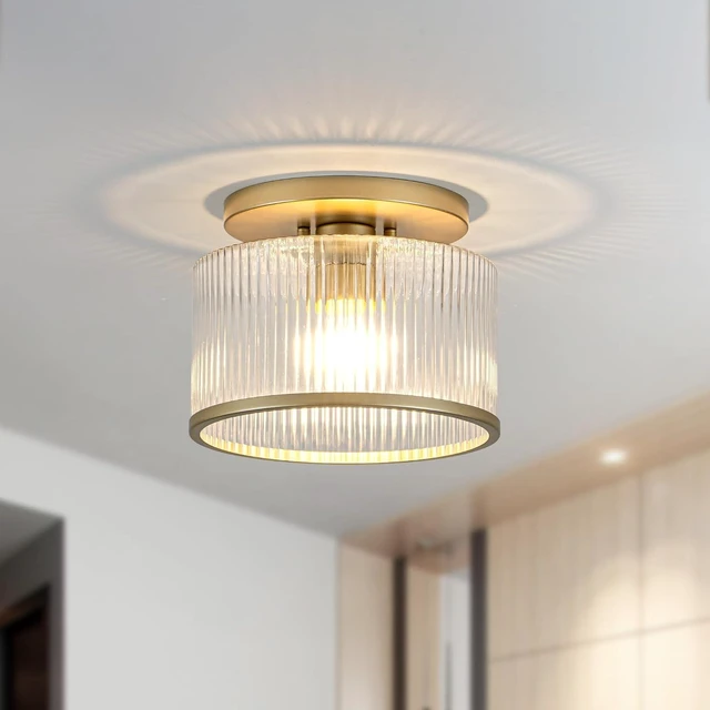 Alt view image 2 of 7 - Zlepmlla Glass Ceiling Light, Clear Ribbed Glass Ceiling Light Fixture with Gold Metal Frame, Modern Semi Flush Mount Ceiling Light for Hallway,Entryway, Bedroom, Bathroom, Kitchen