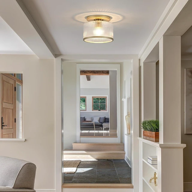 Alt view image 3 of 7 - Zlepmlla Glass Ceiling Light, Clear Ribbed Glass Ceiling Light Fixture with Gold Metal Frame, Modern Semi Flush Mount Ceiling Light for Hallway,Entryway, Bedroom, Bathroom, Kitchen