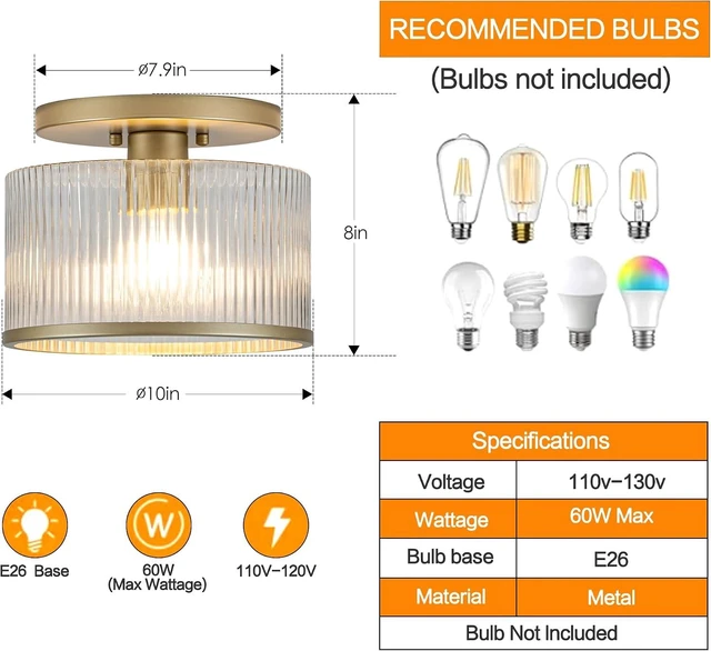 Alt view image 5 of 7 - Zlepmlla Glass Ceiling Light, Clear Ribbed Glass Ceiling Light Fixture with Gold Metal Frame, Modern Semi Flush Mount Ceiling Light for Hallway,Entryway, Bedroom, Bathroom, Kitchen