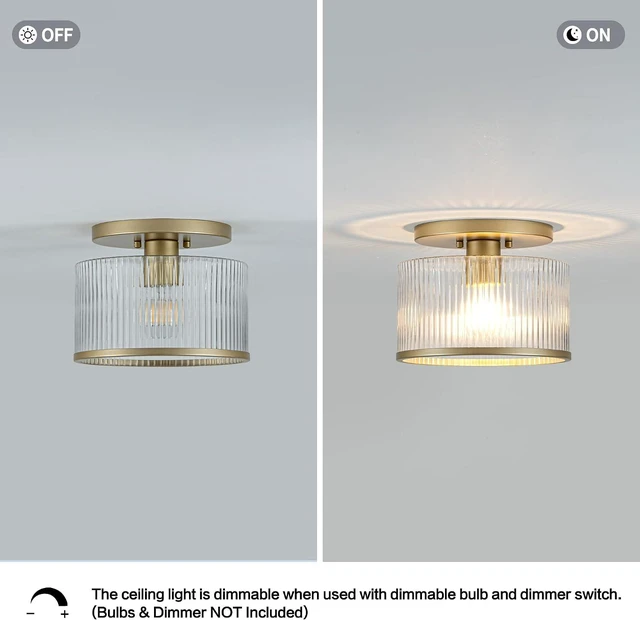Alt view image 6 of 7 - Zlepmlla Glass Ceiling Light, Clear Ribbed Glass Ceiling Light Fixture with Gold Metal Frame, Modern Semi Flush Mount Ceiling Light for Hallway,Entryway, Bedroom, Bathroom, Kitchen