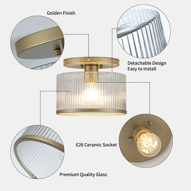 Alt view image 7 of 7 - Zlepmlla Glass Ceiling Light, Clear Ribbed Glass Ceiling Light Fixture with Gold Metal Frame, Modern Semi Flush Mount Ceiling Light for Hallway,Entryway, Bedroom, Bathroom, Kitchen
