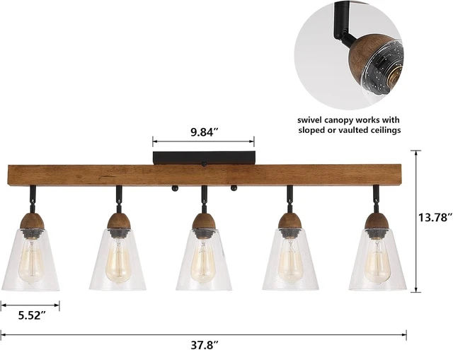 Alt view image 4 of 7 - 5-Light Large Rustic Farmhouse Wood Flush Mount Ceiling Light Fixture Clear Seeded Glass Shade and Oak Wood Track Semi Flush Mount Ceiling Light for Kitchen Living Room Bedroom Indoor, Black
