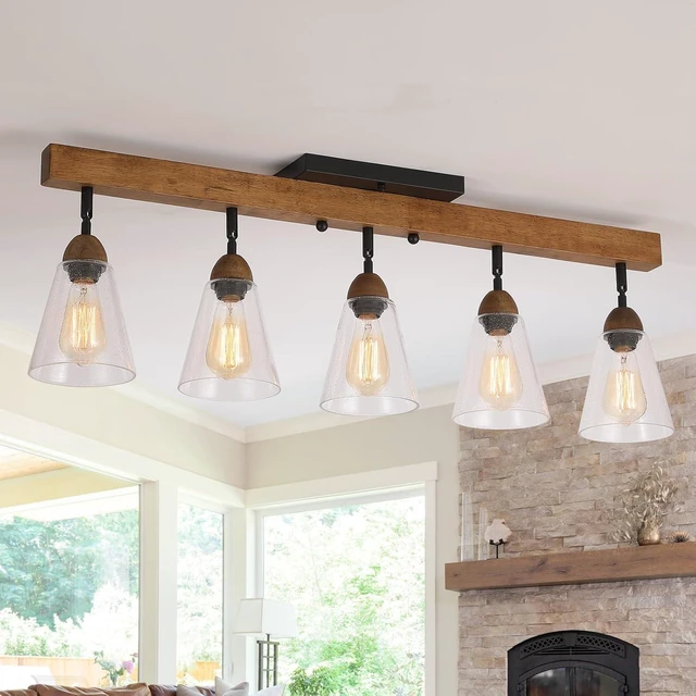 Main image of 5-Light Large Rustic Farmhouse Wood Flush Mount Ceiling Light Fixture Clear Seeded Glass Shade and Oak Wood Track Semi Flush Mount Ceiling Light for Kitchen Living Room Bedroom Indoor, Black