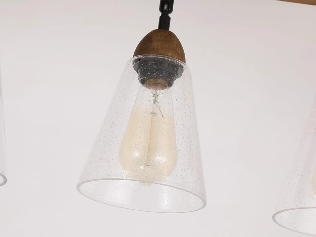 Alt view image 6 of 7 - 5-Light Large Rustic Farmhouse Wood Flush Mount Ceiling Light Fixture Clear Seeded Glass Shade and Oak Wood Track Semi Flush Mount Ceiling Light for Kitchen Living Room Bedroom Indoor, Black