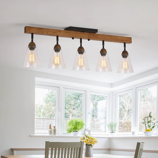 Alt view image 3 of 7 - 5-Light Large Rustic Farmhouse Wood Flush Mount Ceiling Light Fixture Clear Seeded Glass Shade and Oak Wood Track Semi Flush Mount Ceiling Light for Kitchen Living Room Bedroom Indoor, Black