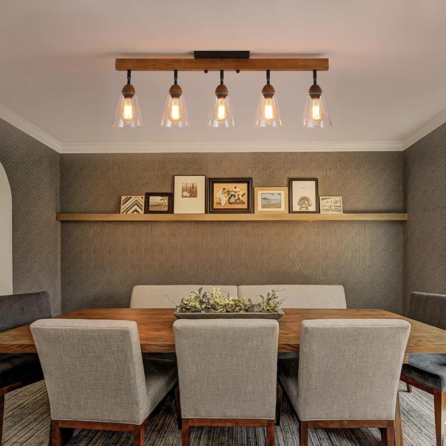 Alt view image 2 of 7 - 5-Light Large Rustic Farmhouse Wood Flush Mount Ceiling Light Fixture Clear Seeded Glass Shade and Oak Wood Track Semi Flush Mount Ceiling Light for Kitchen Living Room Bedroom Indoor, Black