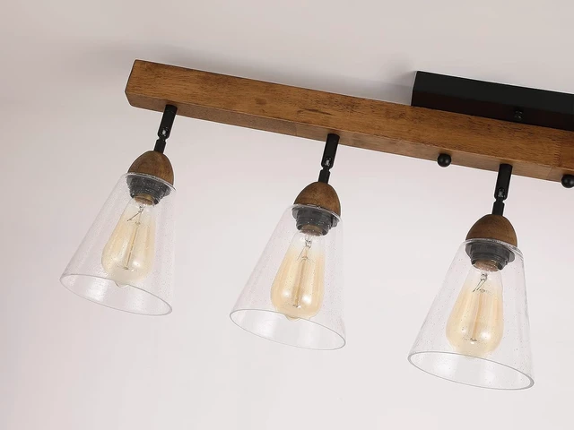 Alt view image 5 of 7 - 5-Light Large Rustic Farmhouse Wood Flush Mount Ceiling Light Fixture Clear Seeded Glass Shade and Oak Wood Track Semi Flush Mount Ceiling Light for Kitchen Living Room Bedroom Indoor, Black
