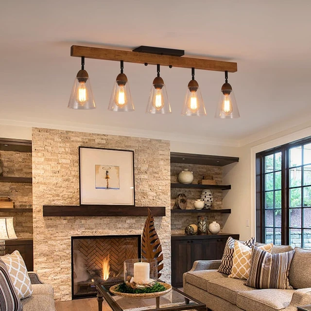 Alt view image 7 of 7 - 5-Light Large Rustic Farmhouse Wood Flush Mount Ceiling Light Fixture Clear Seeded Glass Shade and Oak Wood Track Semi Flush Mount Ceiling Light for Kitchen Living Room Bedroom Indoor, Black