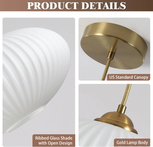 Alt view image 4 of 7 - KCO Lighting Modern Gold Brass 9.8" White Milk Ribbed Glass Pendant Light