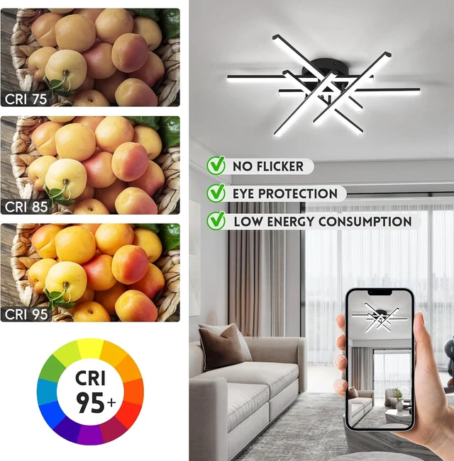 Alt view image 3 of 7 - CANEOE Sputnik Modern Led Ceiling Light,50W LED Dimmable Ceiling Light with Remote Control Black Flush Mount Chandelier Ceiling Lighting for Bedroom Living Room Kitchen Office Ceiling Lamp