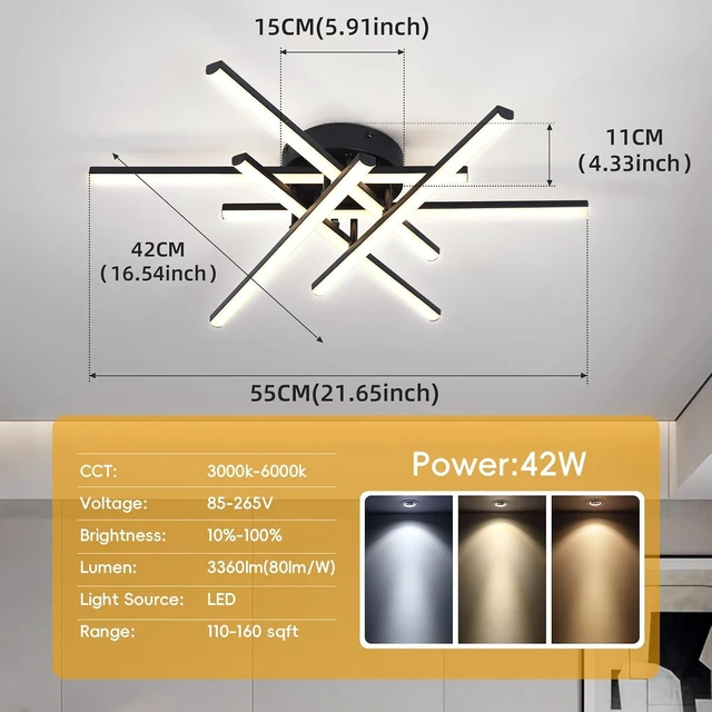 Alt view image 6 of 7 - CANEOE Sputnik Modern Led Ceiling Light,50W LED Dimmable Ceiling Light with Remote Control Black Flush Mount Chandelier Ceiling Lighting for Bedroom Living Room Kitchen Office Ceiling Lamp